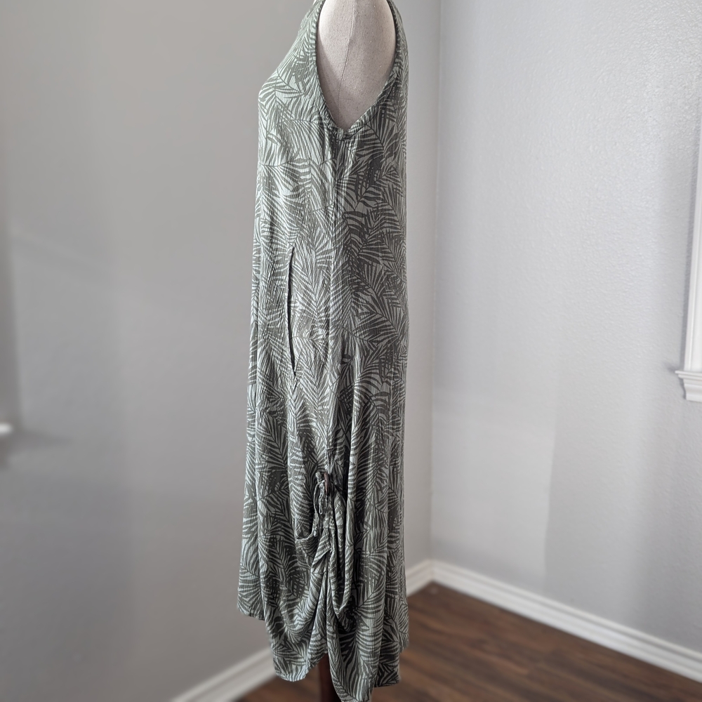 Kaktus Leaf Print Midi Dress Coastal Grandma Beachy Vacation Cruise Lagenlook - Picture 3 of 15